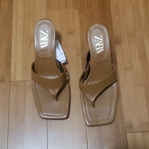 Cognac Leather Heeled Thong Sandal